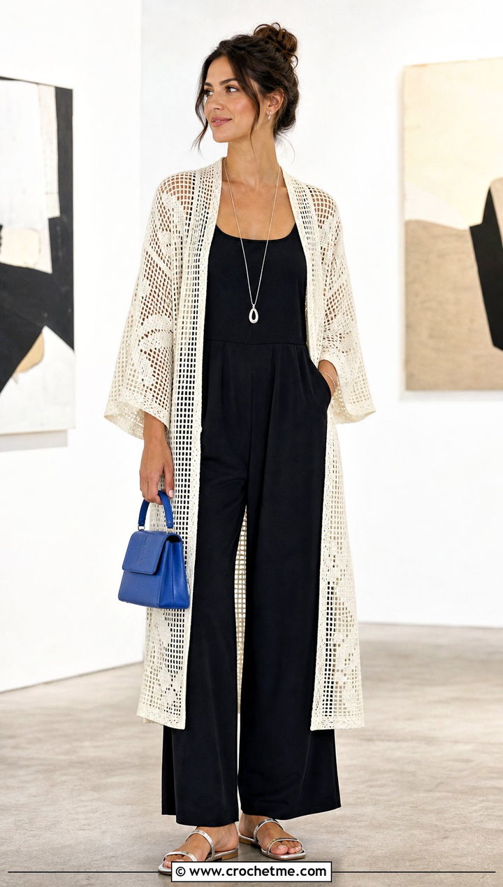 Filet Crochet Summer Kimono With Black Jumpsuit - 30 crochet summer kimono outfit ideas