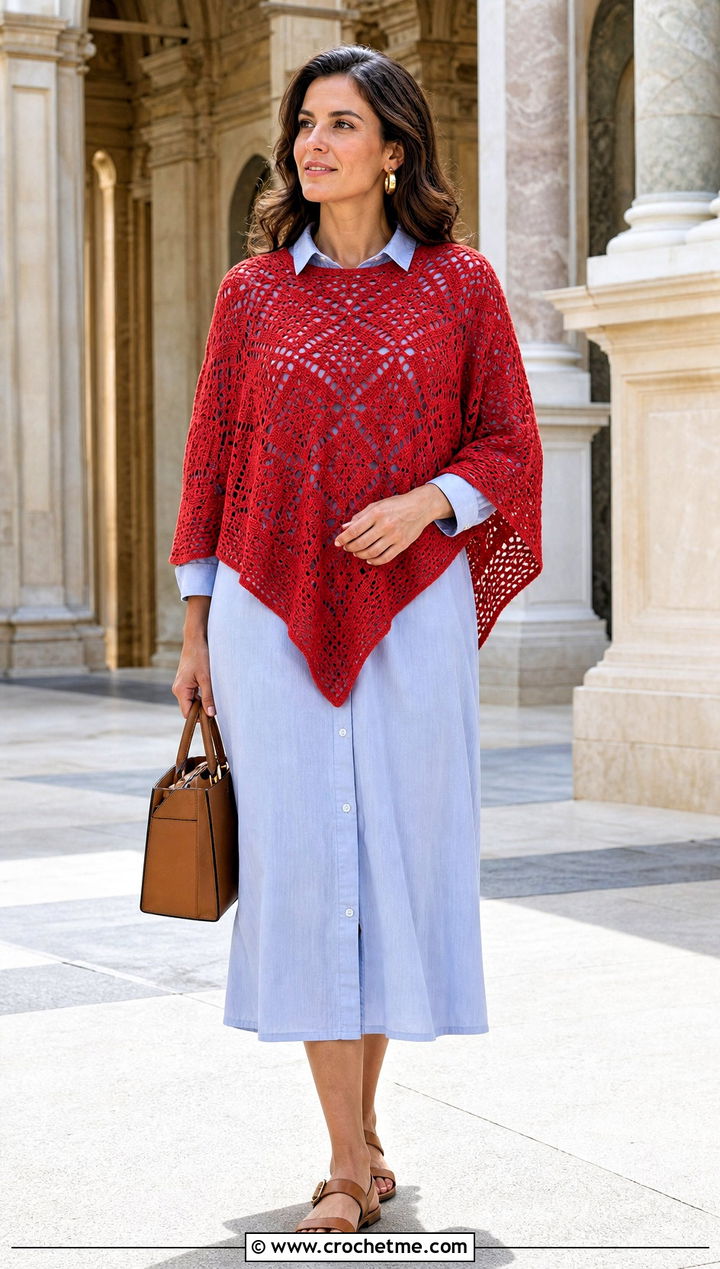 Filet Crochet Summer Poncho With Shirt Dress - 35 crochet summer poncho outfit ideas