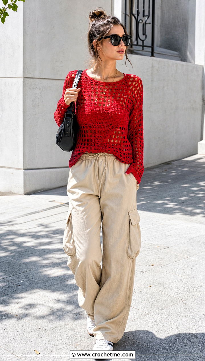 Filet Crochet Summer Sweater With Cargo Pants - 15 Crochet Summer Sweater outfit ideas