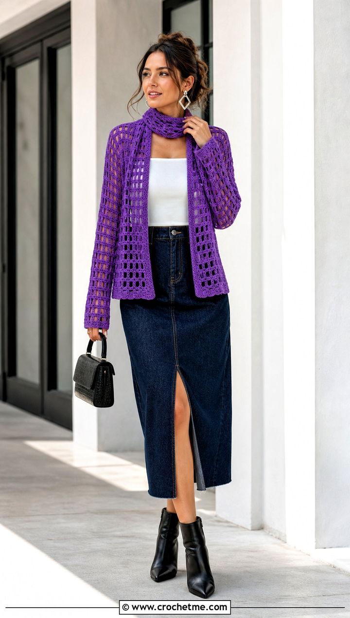 Filet Crochet Sweater Scarf With Sleeves And Denim Midi Skirt - 25 crochet sweater scarf with sleeves outfit ideas