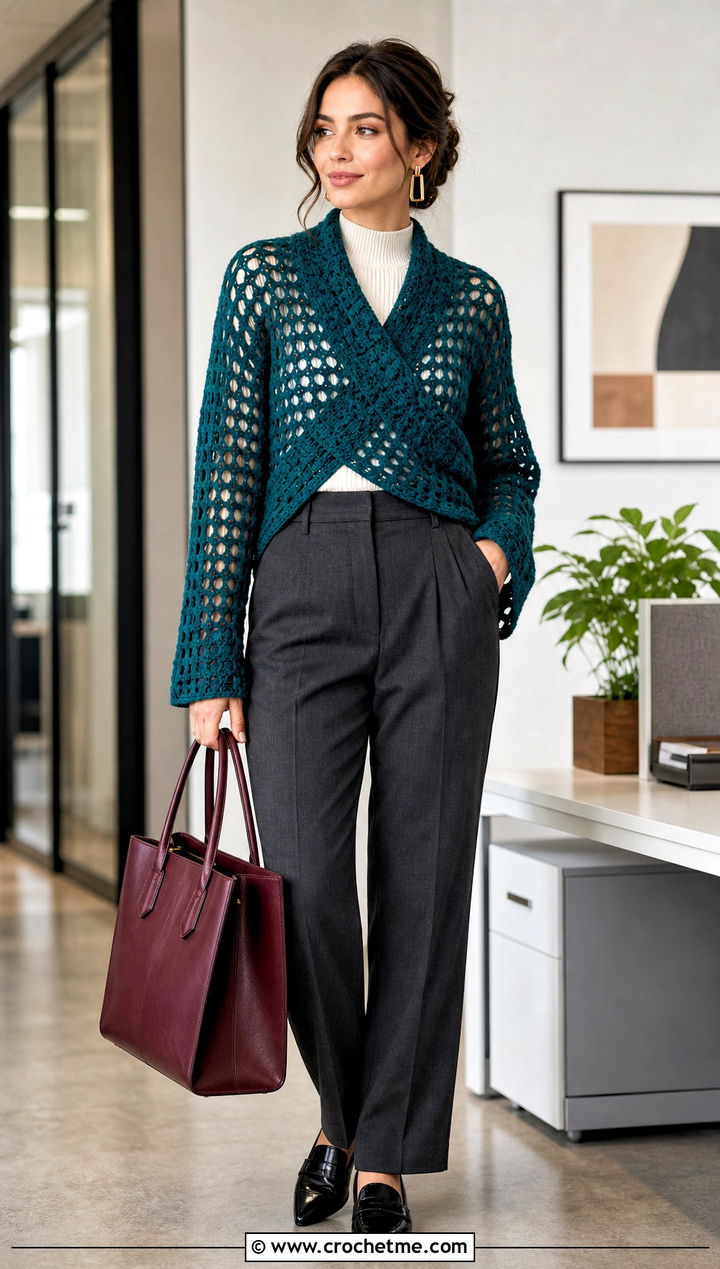 Filet Crochet Sweater Scarf With Tailored Trousers - 15 Crocheted Sweater Scarf With Sleeves outfit ideas