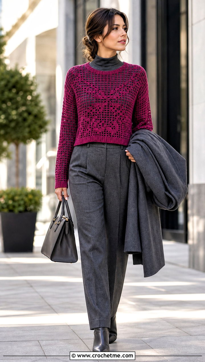 Filet Crochet Sweater Shirt With Wool Trousers - 30 filet crochet shirt outfit ideas