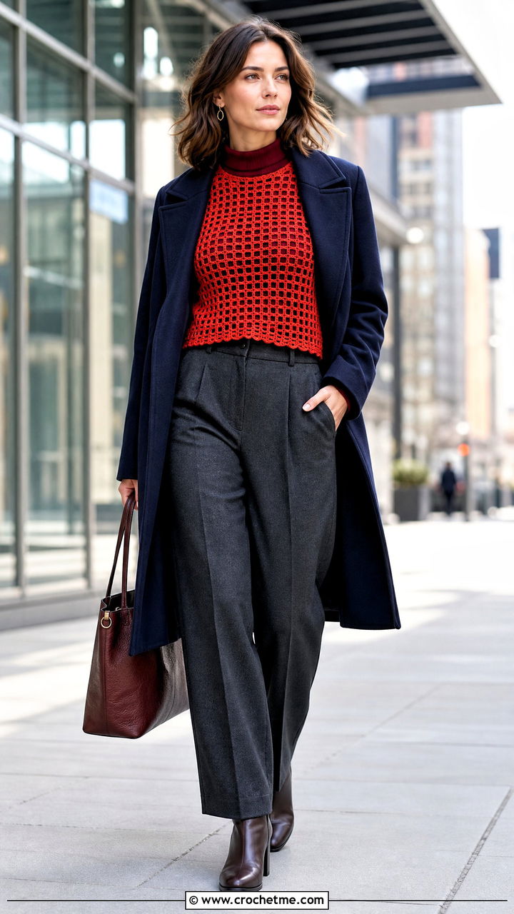 Filet Crochet Sweater Top With Wool Trousers - 35 fillet crochet top outfit ideas