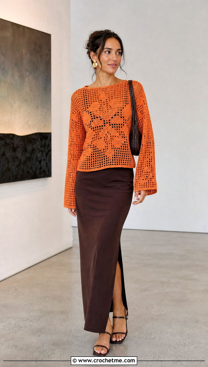 Filet Crochet Sweater With A Column Maxi Skirt - 30 spring crochet sweater outfit ideas