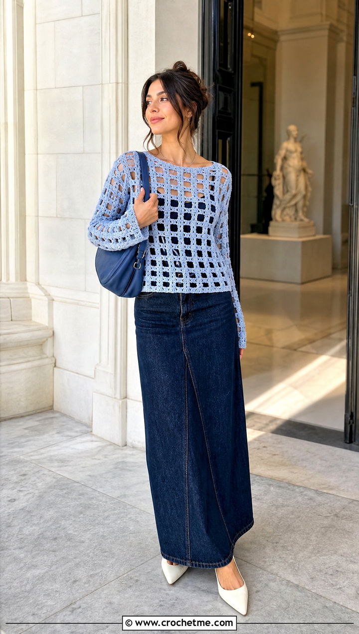 Filet Crochet Sweater With Denim Maxi Skirt - 35 cute crochet sweater outfit ideas