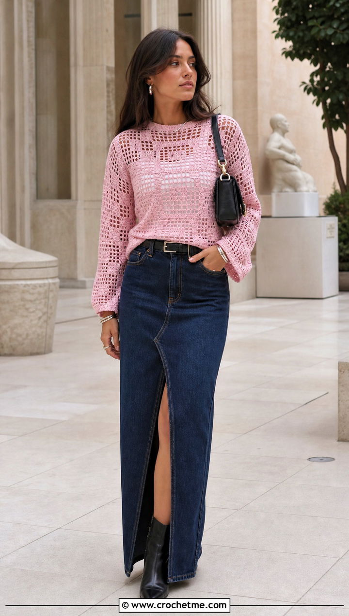 Filet Crochet Sweater With Denim Maxi Skirt - 30 crochet key sweater outfit ideas