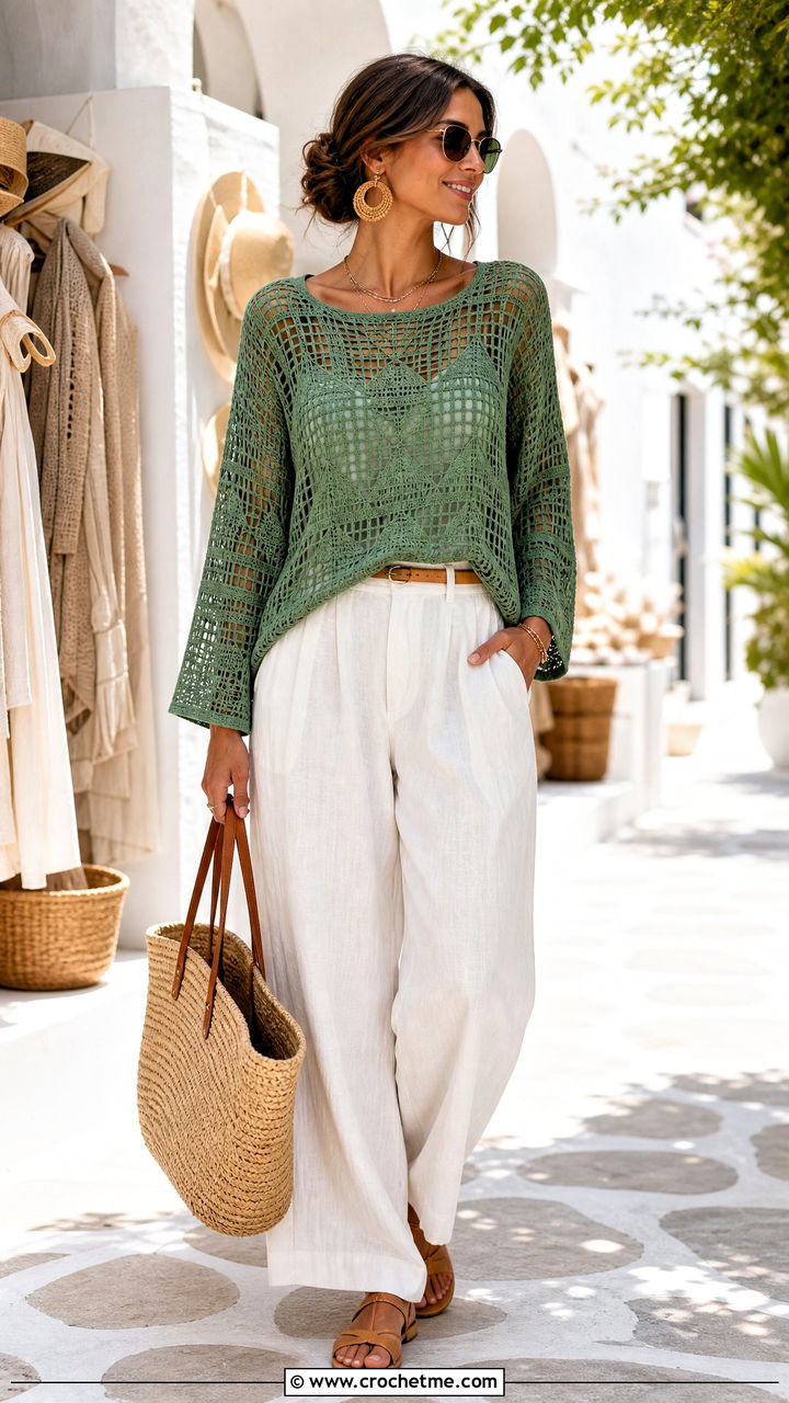 Filet Crochet Sweater With Linen Pants - 35 colorful crochet sweater outfit ideas