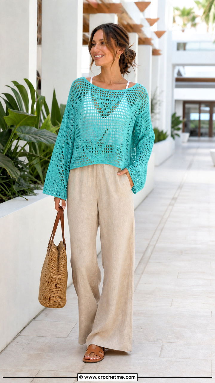 Filet Crochet Sweater With Linen Pants - 35 crochet loose sweater outfit ideas
