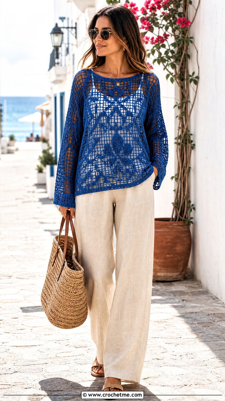 Filet Crochet Sweater With Linen Pants - 35 cute crochet sweaters outfit ideas