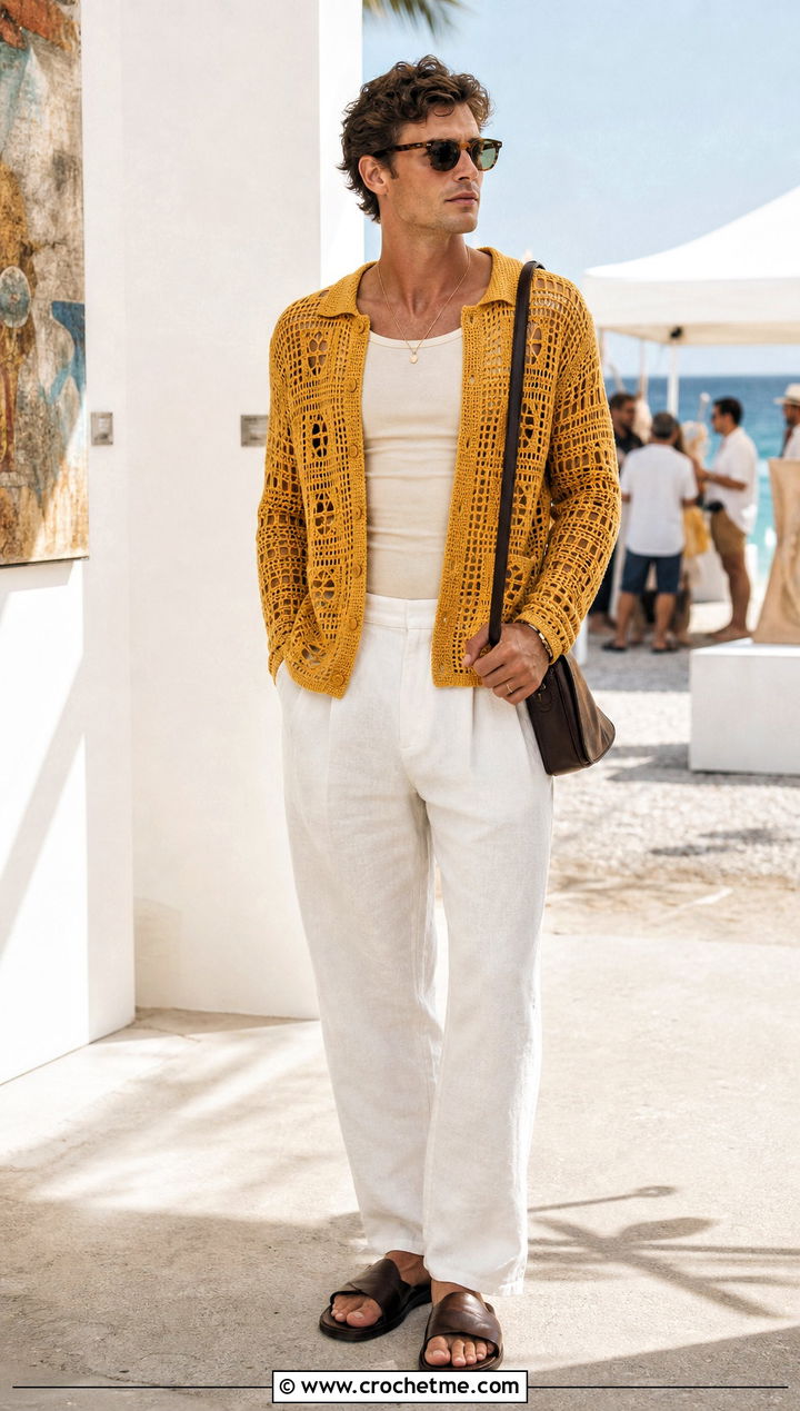 Filet Crochet Sweater With Linen Trousers - 25 man crochet sweater outfit ideas