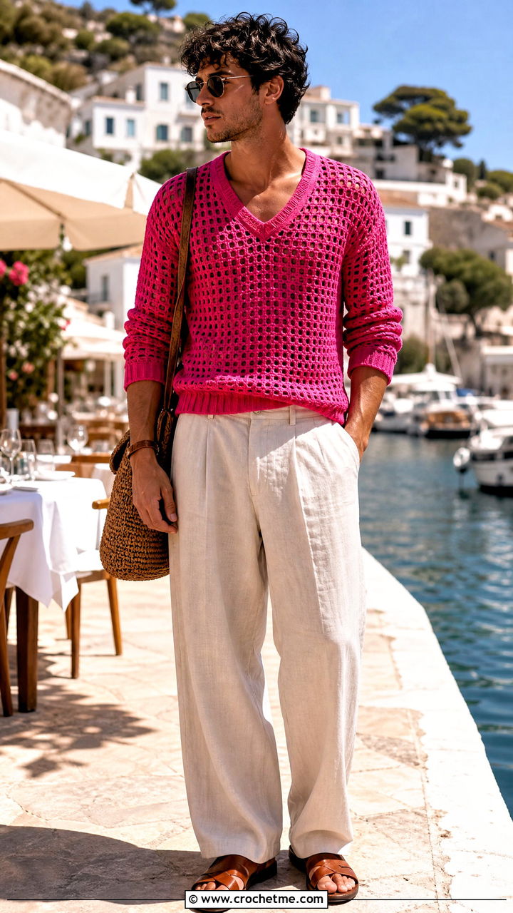 Filet Crochet Sweater With Linen Trousers - 35 crochet sweater for men outfit ideas