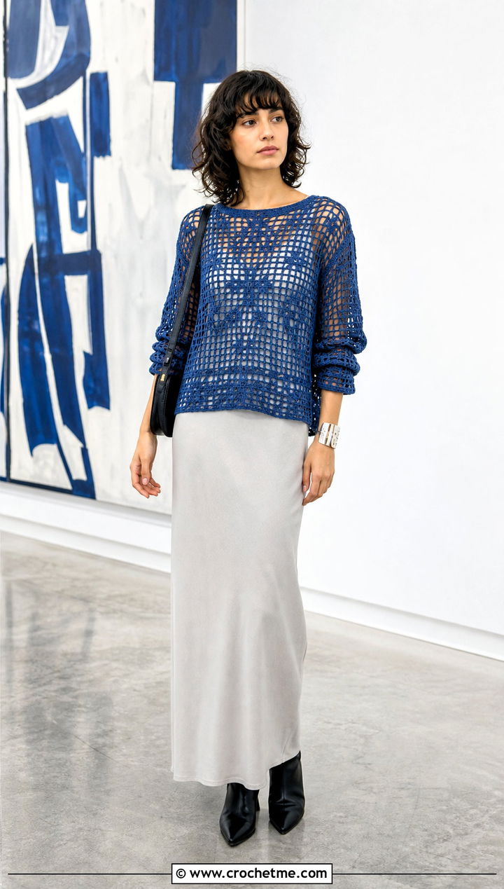 Filet Crochet Sweater With Minimal Column Dress - 35 diy crochet sweater outfit ideas