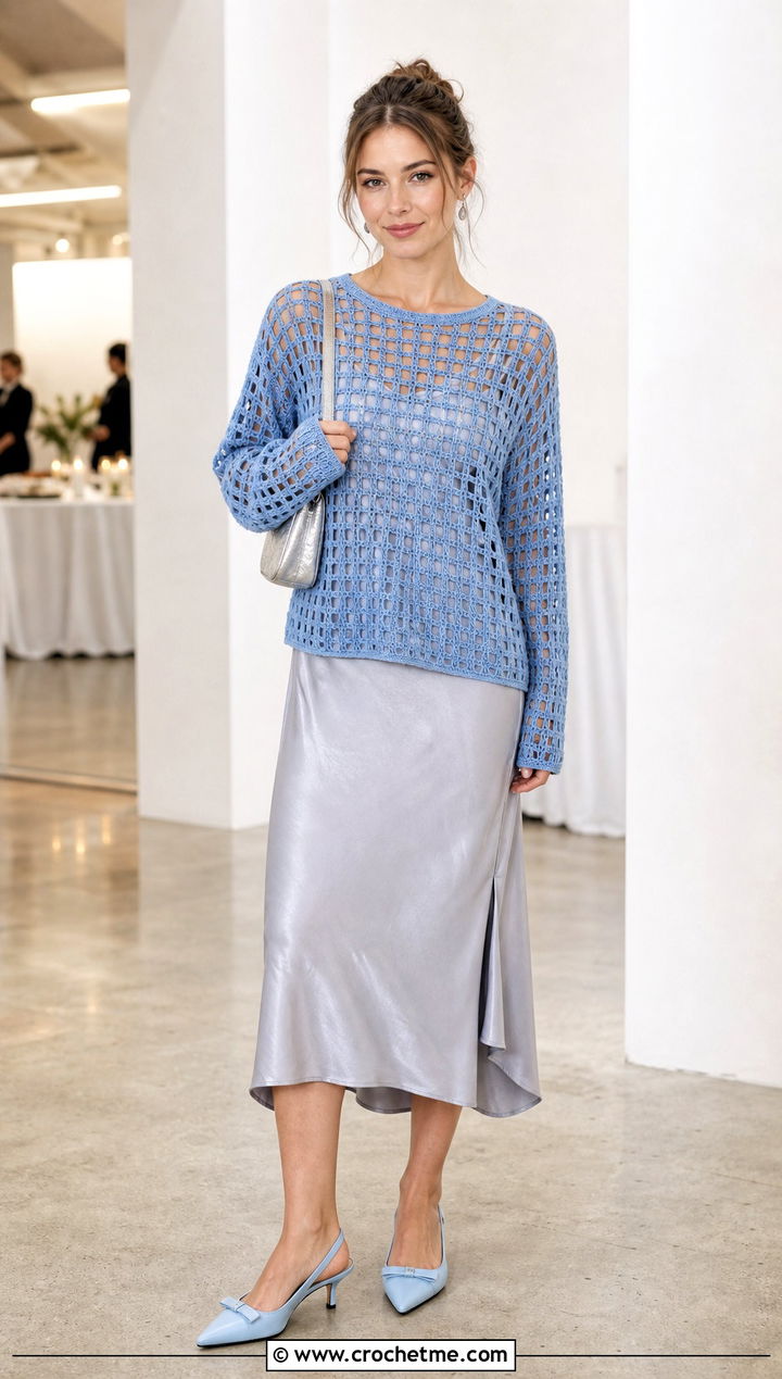 Filet Crochet Sweater With Slip Dress - 35 simple crochet sweater outfit ideas