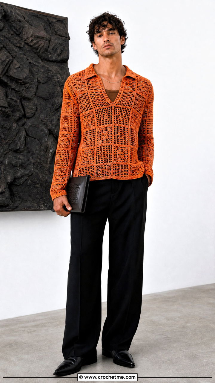 Filet Crochet Sweater With Suit Trousers - 35 crochet mens sweater outfit ideas