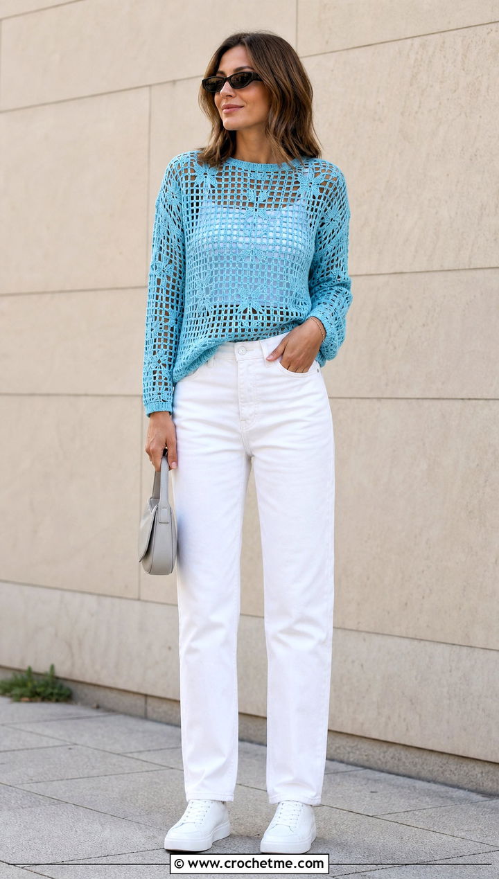 Filet Crochet Sweater With White Denim - 20 Crochet Lightweight Sweater outfit ideas