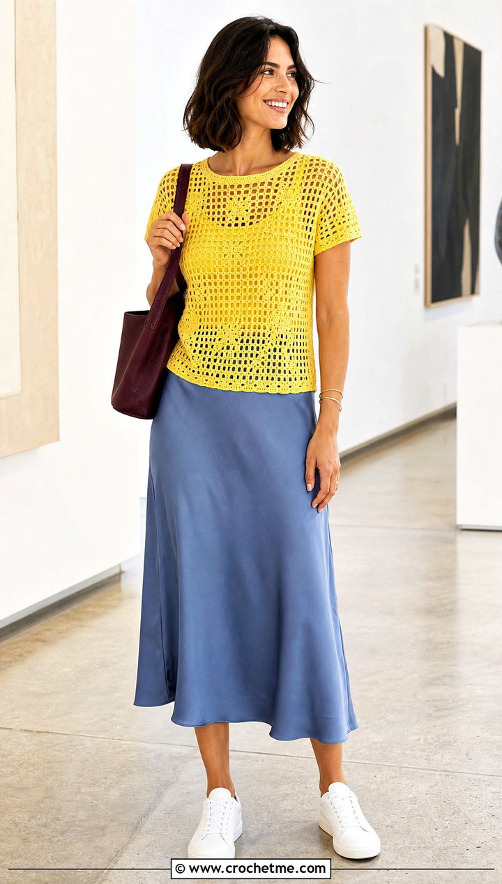 Filet Crochet T Shirt With Bias Cut Midi Skirt - 25 Crochet Top Small Chest outfit ideas