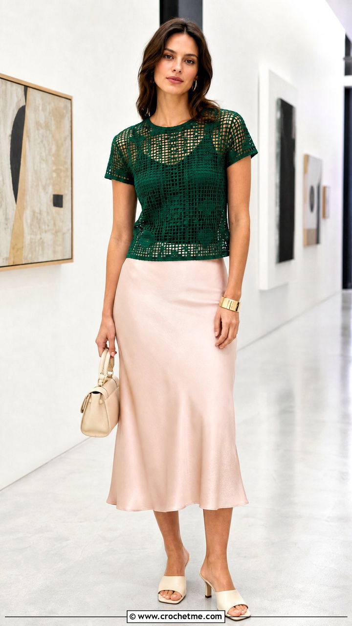 Filet Crochet T Shirt With Bias Cut Midi Skirt - 35 cute crochet tops outfit ideas