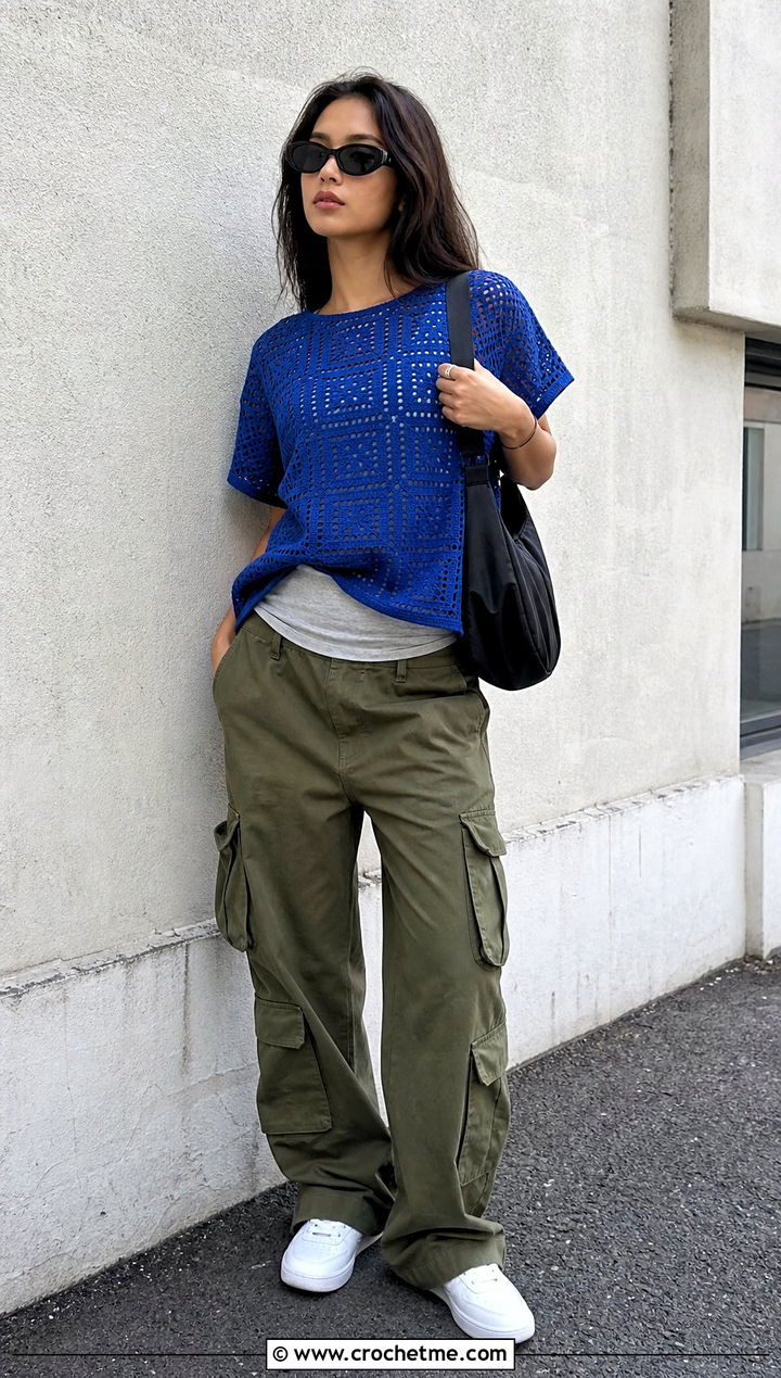 Filet Crochet T Shirt With Cargo Pants - 30 unique crochet top outfit ideas