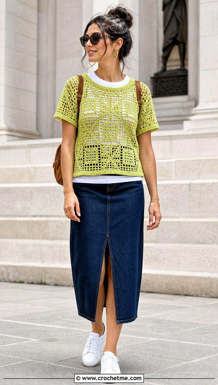 Filet Crochet T Shirt With Denim Midi Skirt - 25 Easy Crochet Projects Top outfit ideas