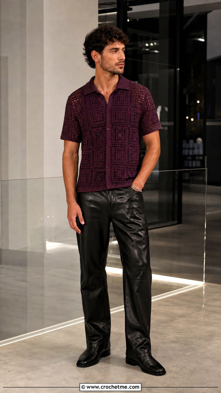 Filet Crochet T Shirt With Leather Trousers - 35 crochet top men outfit ideas
