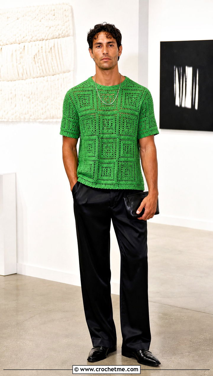 Filet Crochet T Shirt With Satin Trousers - 15 men's crochet top outfit ideas