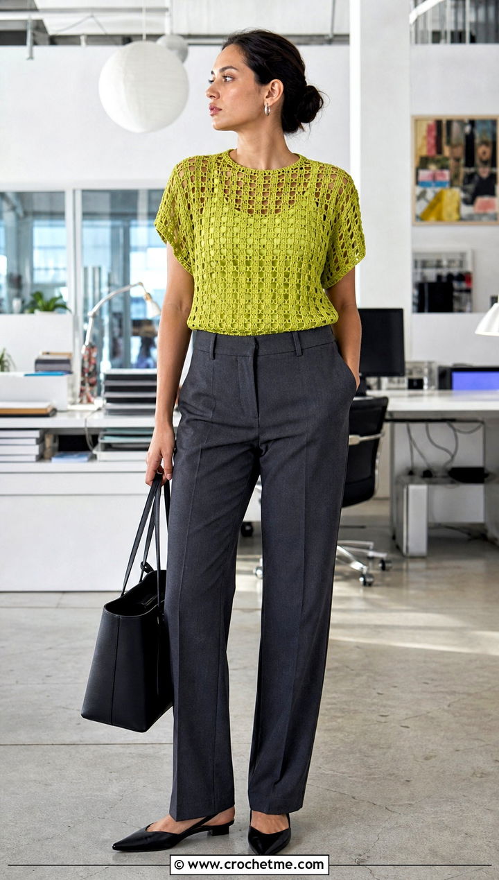 Filet Crochet T Shirt With Tailored Trousers - 25 Crochet Spring Top outfit ideas