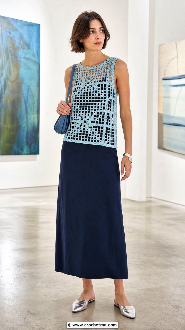 Filet Crochet Tank Top Over A Slip Dress - 35 crochet tank top outfit ideas