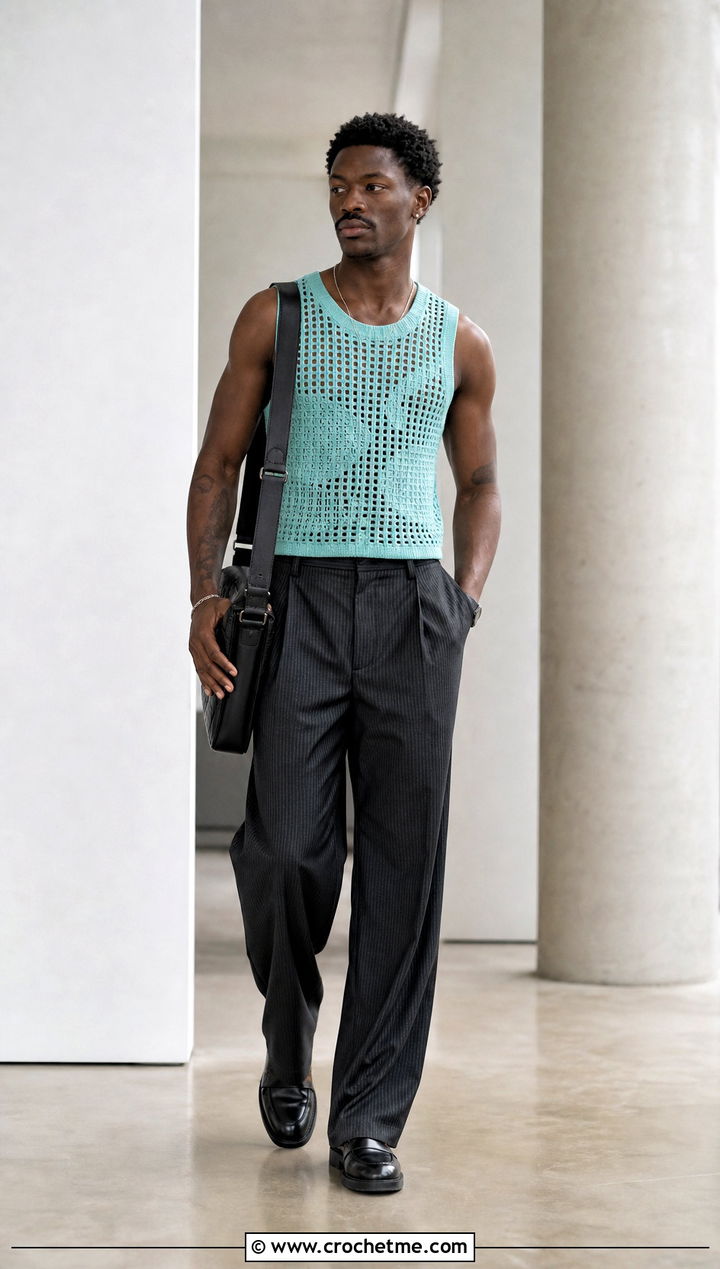 Filet Crochet Tank Top With Pinstripe Trousers - 25 crochet mens tank top outfit ideas