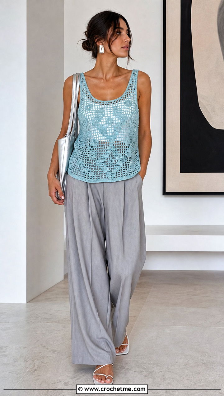 Filet Crochet Tank Top With Pleated Trousers - 30 crocheted tank tops outfit ideas