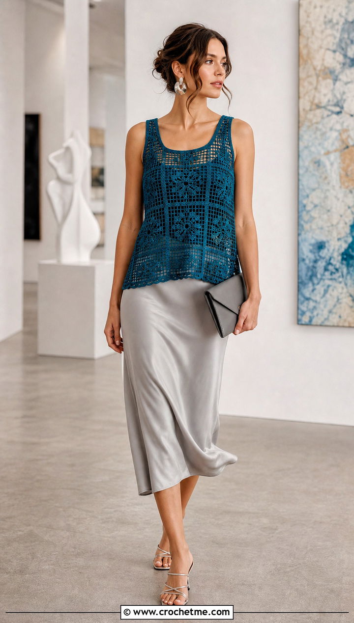Filet Crochet Tank Top With Satin Midi Skirt - 15 crochet top with intricate outfit ideas