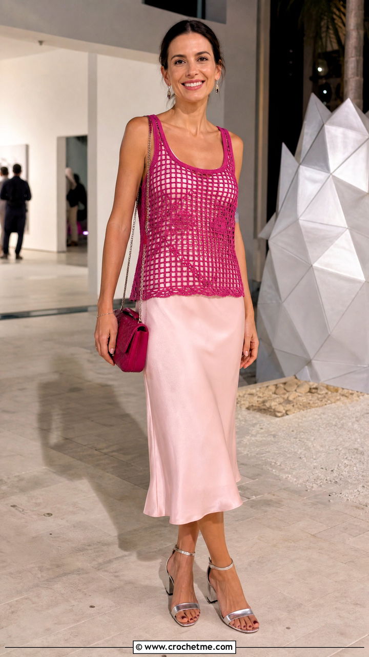 Filet Crochet Tank Top With Slip Dress - 35 crochet tank tops outfit ideas