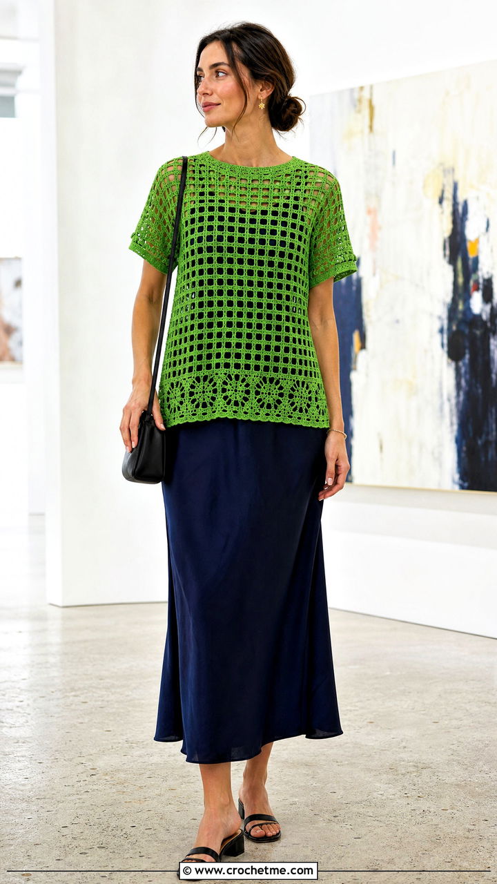 Filet Crochet Tee Over A Slip Dress - 35 beginner crochet tops outfit ideas