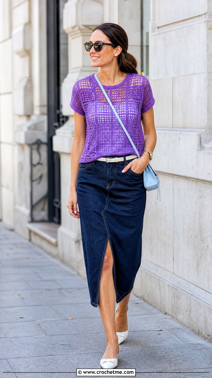 Filet Crochet Tee With Denim Midi Skirt - 35 crocheted tops outfit ideas