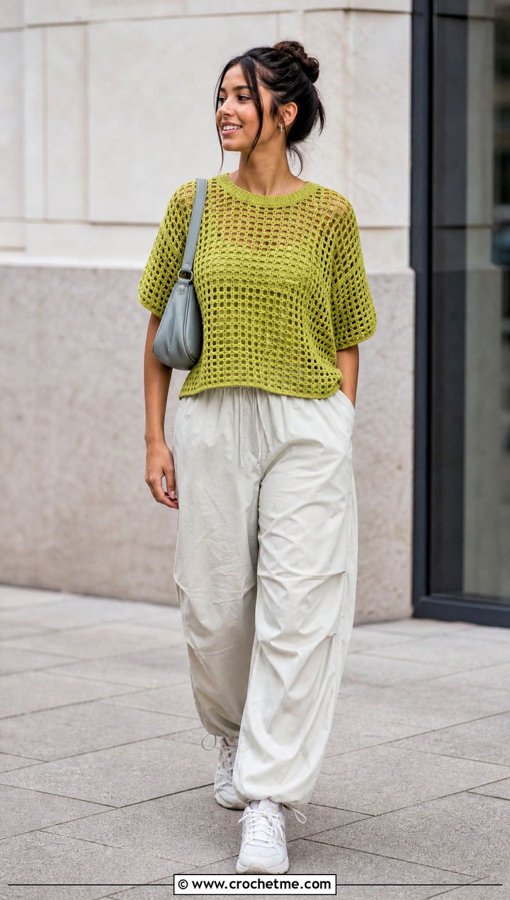 Filet Crochet Tee With Parachute Pants - 35 crochet tee shirt outfit ideas