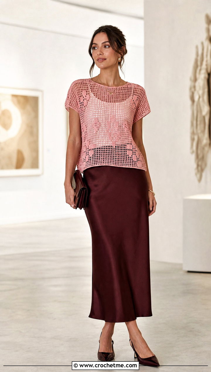 Filet Crochet Tee With Satin Midi Skirt - 30 Crochet Top With Holes outfit ideas