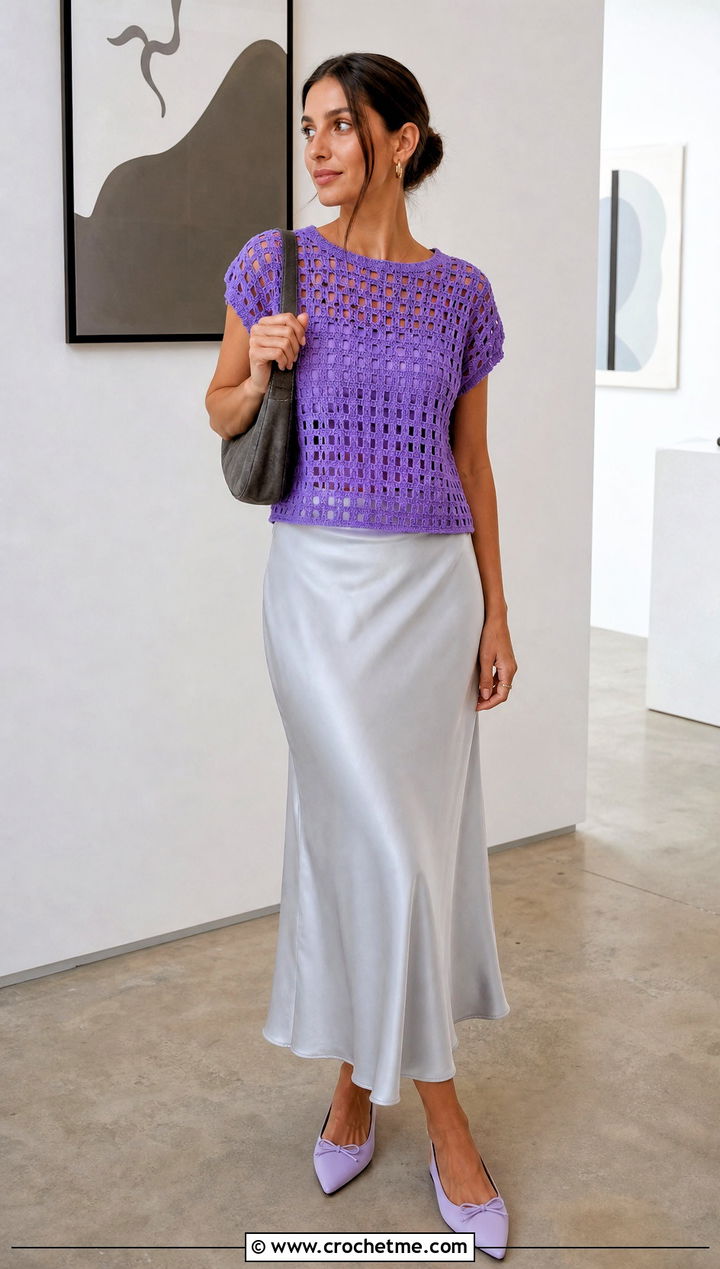 Filet Crochet Tee With Satin Slip Skirt - 30 cute crocheted tops outfit ideas