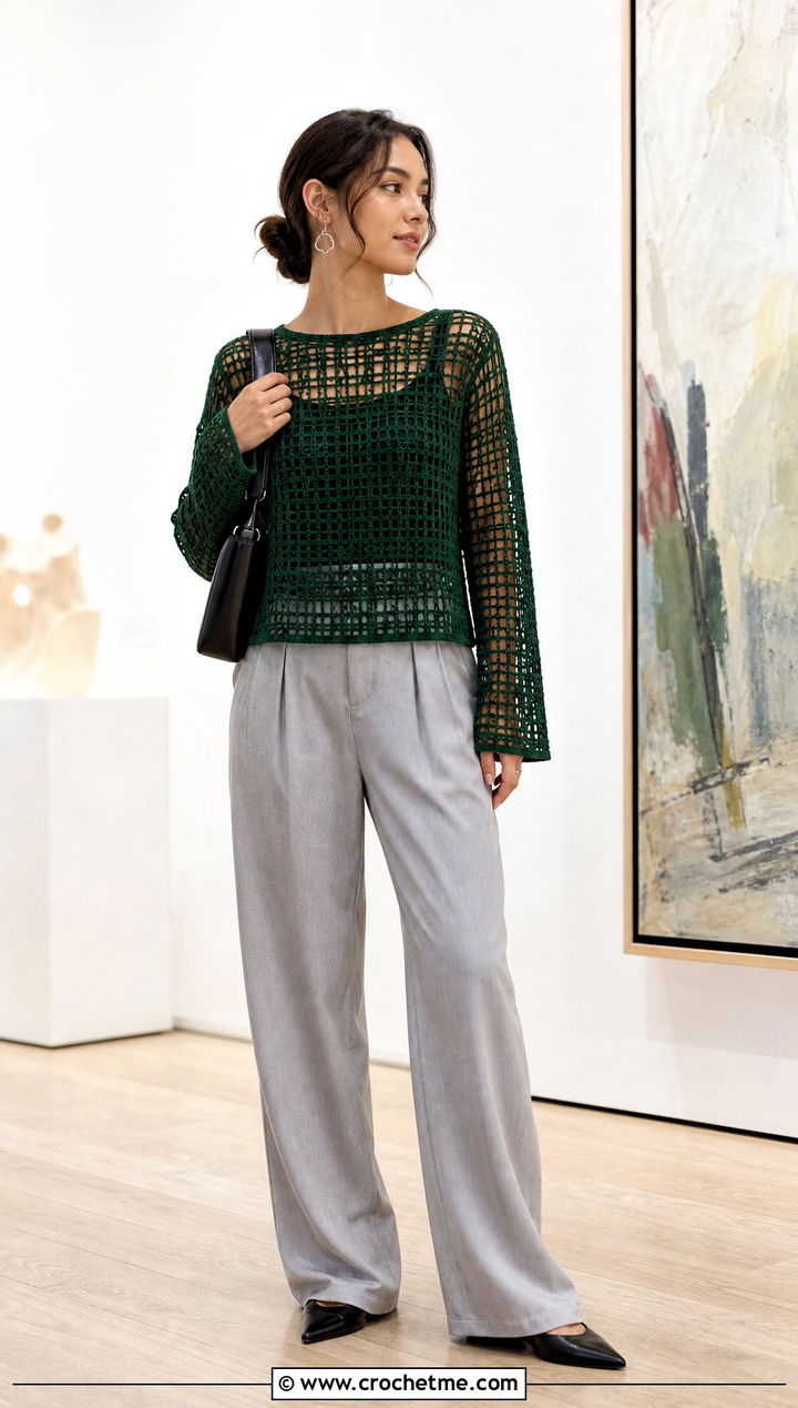 Filet Crochet Tie Back Top With Pleated Pants - 30 crochet tie back top outfit ideas