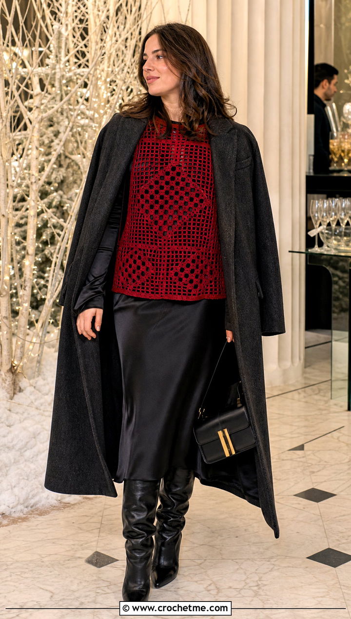 Filet Crochet Top Over A Slip Dress - 35 winter crochet top outfit ideas