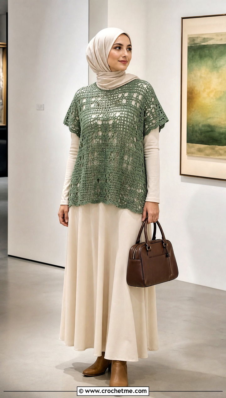 Filet Crochet Top Over Jersey Maxi Dress - 20 crochet top hijabi outfit ideas