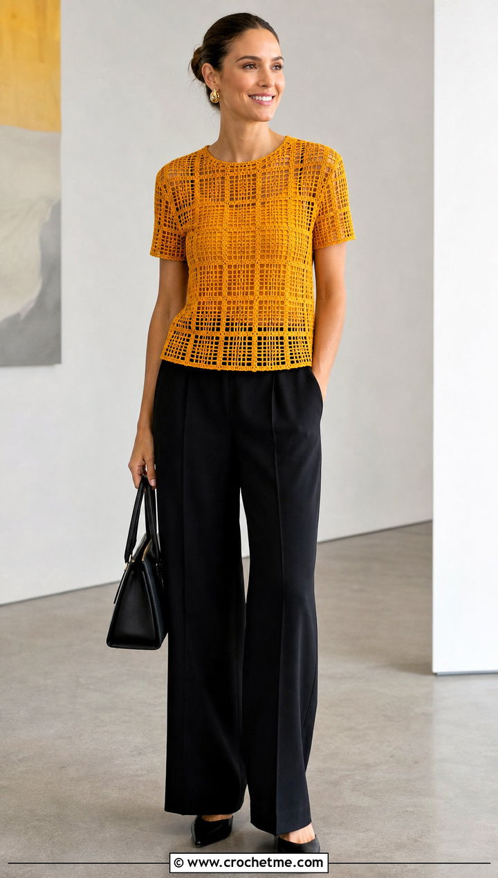 Filet Crochet Top With Black Trousers - 30 crochet short sleeve top outfit ideas
