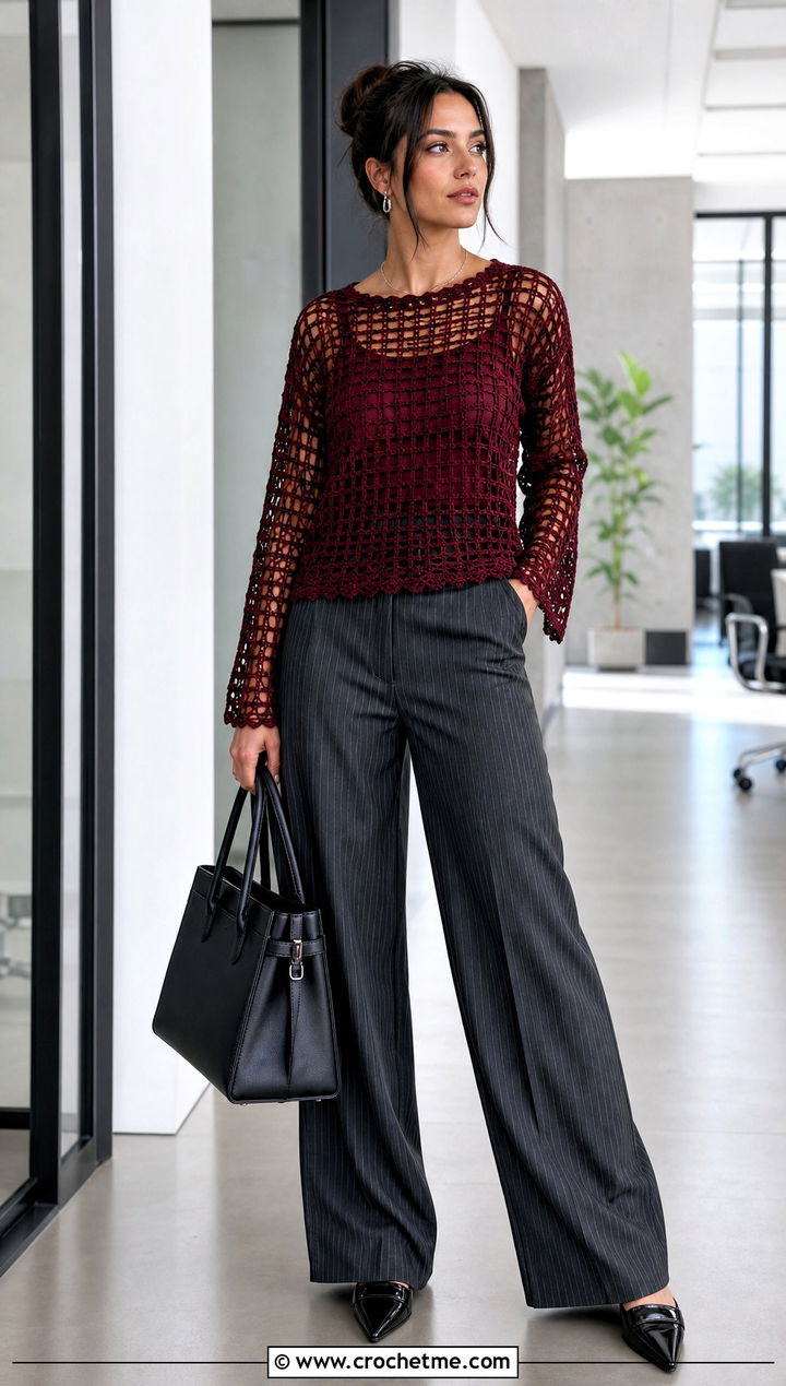 Filet Crochet Top With Pinstripe Trousers - 35 Fast Crochet Top outfit ideas