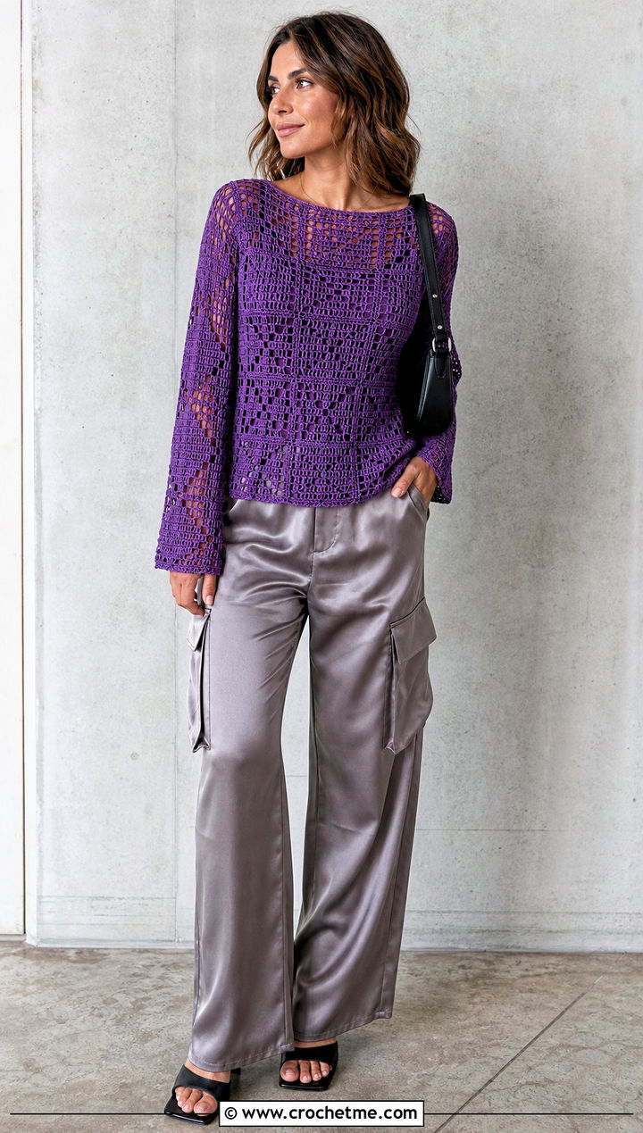 Filet Crochet Top With Satin Cargo Pants - 35 spring crochet top outfit ideas