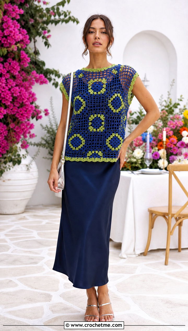 Filet Crochet Top With Slip Dress - 35 Women Crochet Top outfit ideas