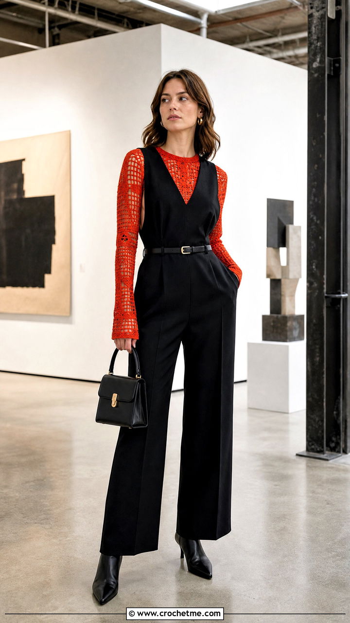 Filet Crochet Top With Tailored Jumpsuit - 35 crochet tops for women outfit ideas