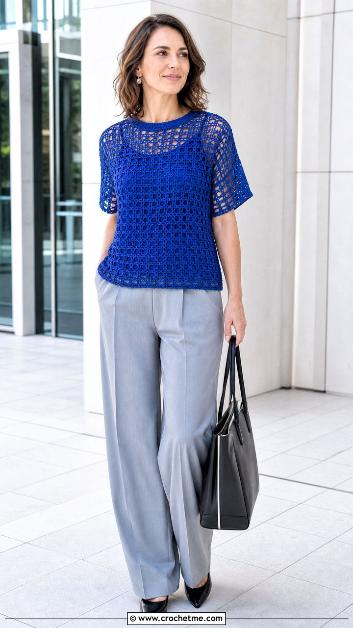 Filet Crochet Top With Tailored Trousers - 35 crochet designs clothing and outfit ideas