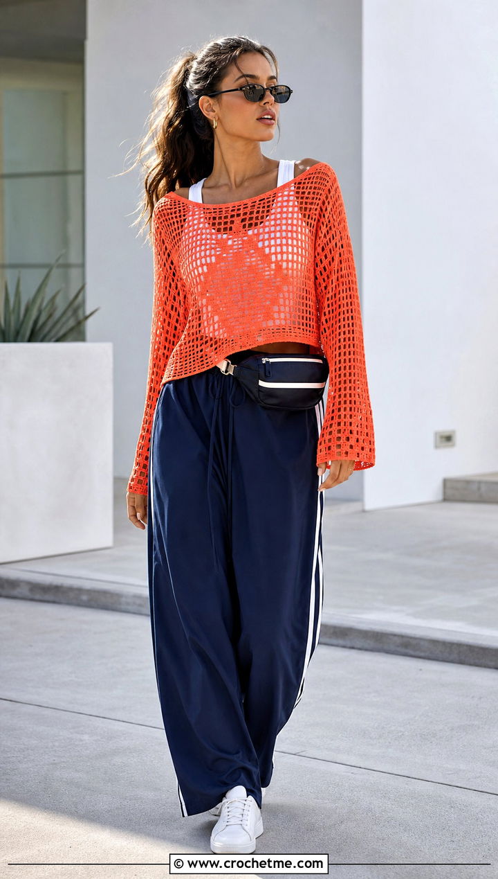 Filet Crochet Top With Track Pants And Sneakers - 20 different types of crochet tops outfit ideas