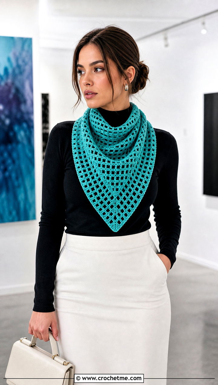 Filet Crochet Triangle Scarf With Column Skirt - 25 Crocheted Triangle Scarf outfit ideas