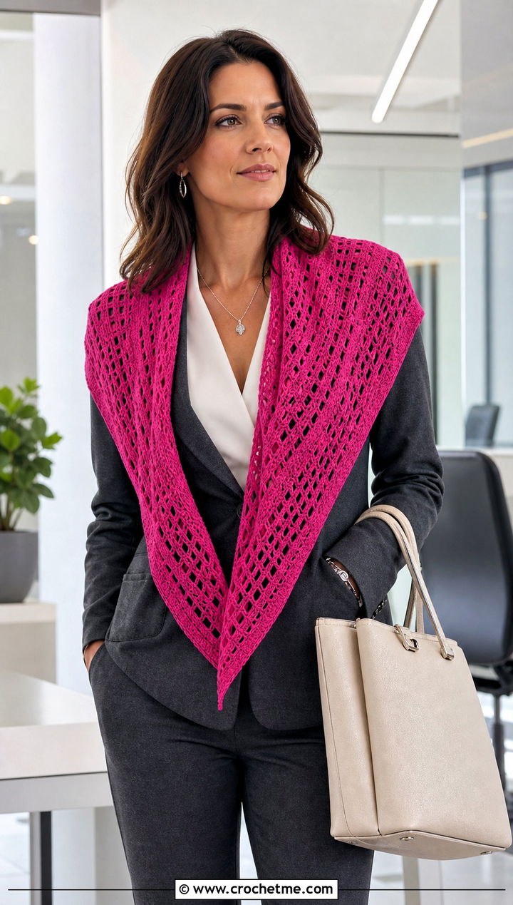 Filet Crochet Triangle Shawl With Blazer And Trousers - 30 easy crochet triangle shawl outfit ideas