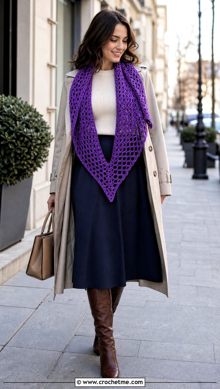 Filet Crochet Triangle Shawl With Trench Coat And Midi Skirt - 35 Easy Simple Crochet Triangle Shawl outfit ideas