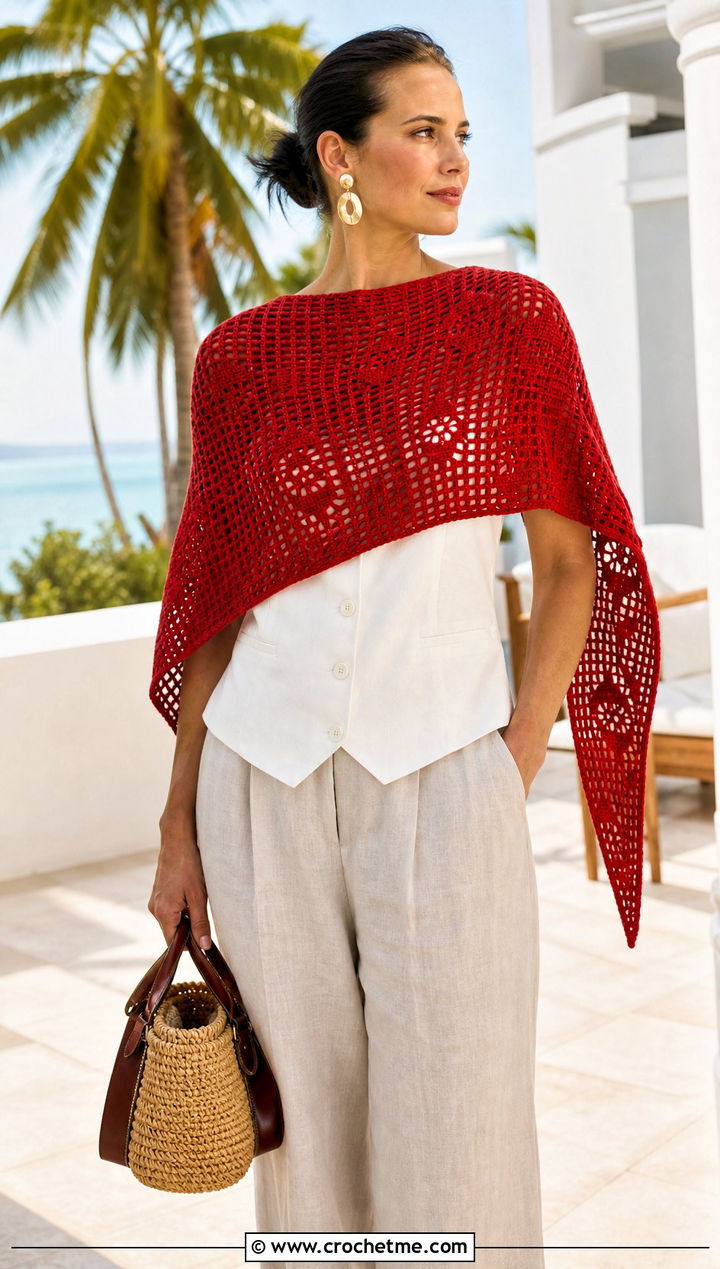 Filet Crochet Triangle Shawl With Vest And Linen Pants - 35 triangle crochet shawl outfit ideas